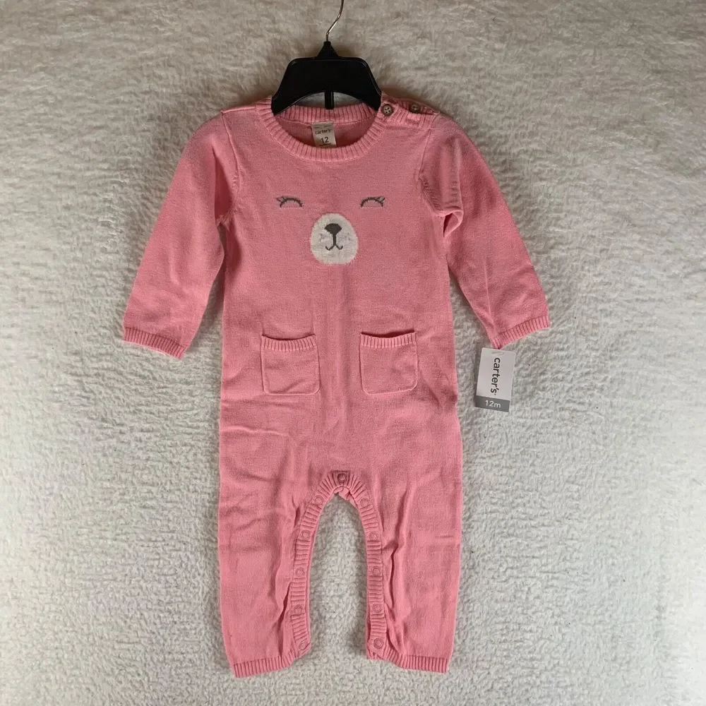 Carter's Baby Girls‎ Pink Bear Sweater Knit Jumpsuit Size 12 Months NWT